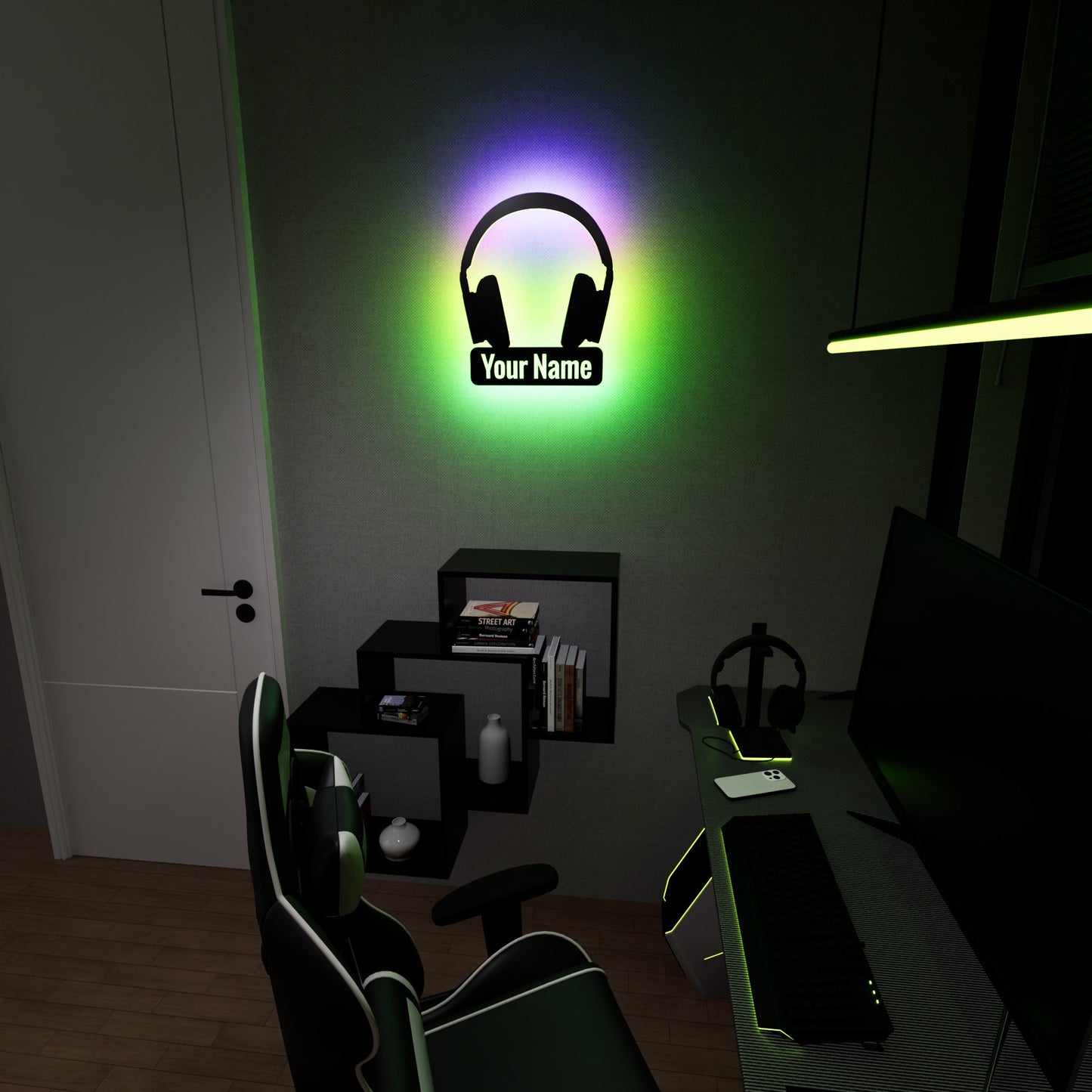 Wireless Headphone RGB Led Wall Sign Personalized - Kutalp