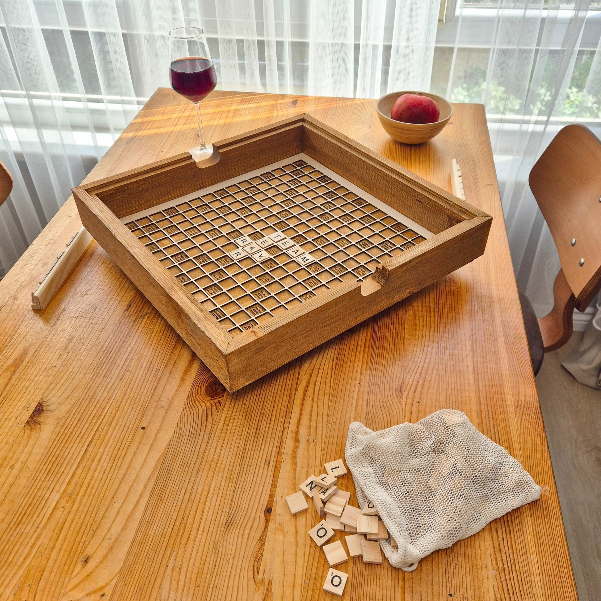 Rustic Scrabble Board Wooden, Glass Top, Game Board, Rotating Board - Kutalp