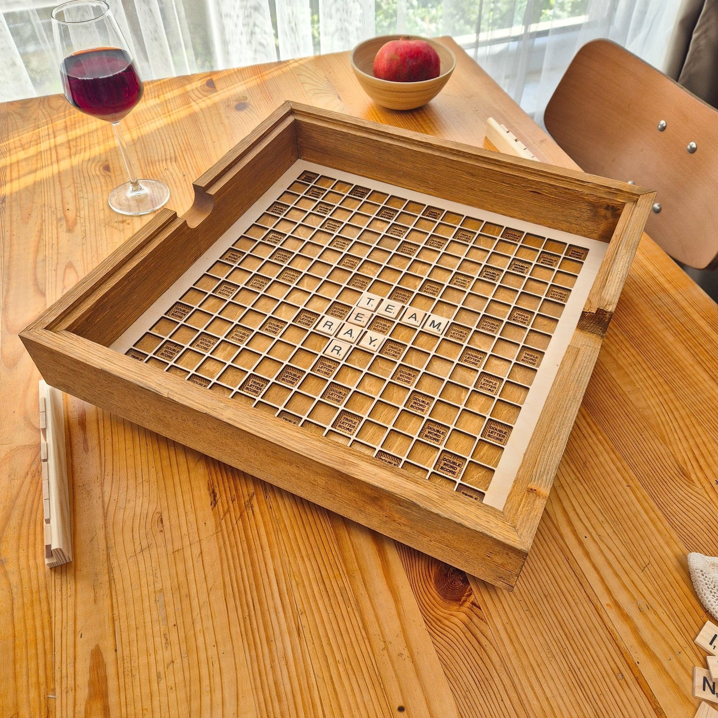 Rustic Scrabble Board Wooden, Glass Top, Game Board, Rotating Board - Kutalp