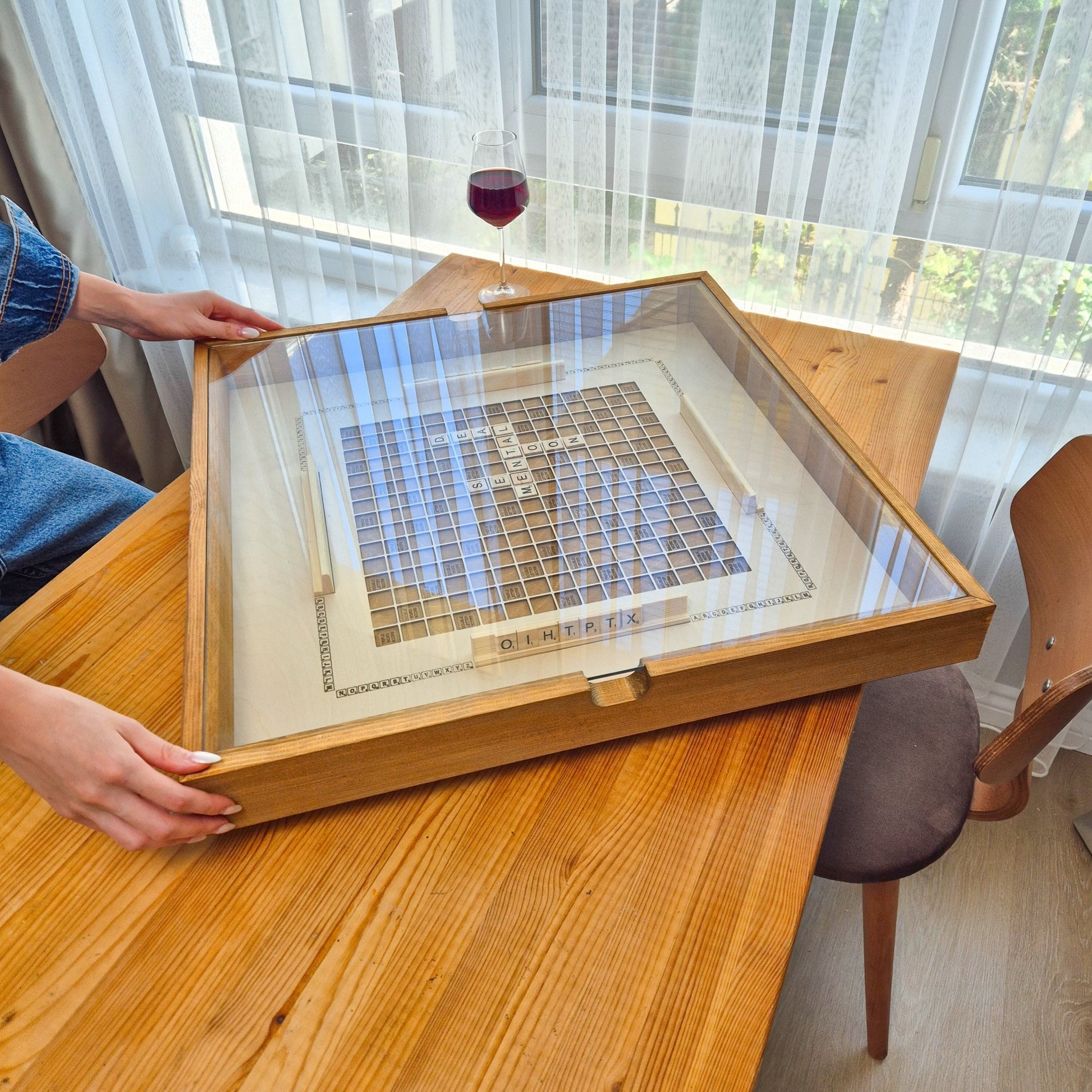 Rustic Scrabble Board Wooden, Glass Top, Game Board, Rotating Board - Kutalp