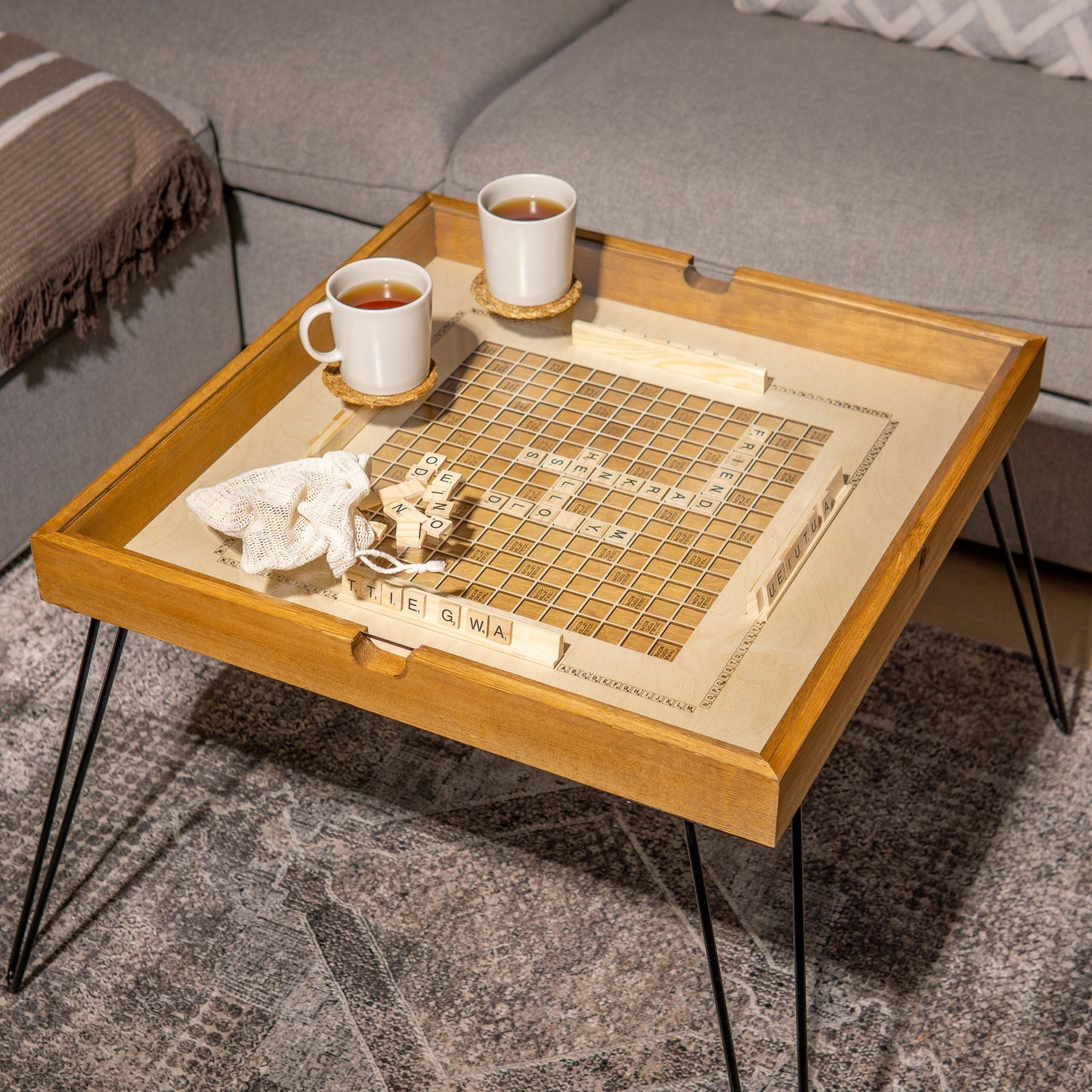 Scrabble Rustic Coffee Table, Glass Top, Game Table - Kutalp