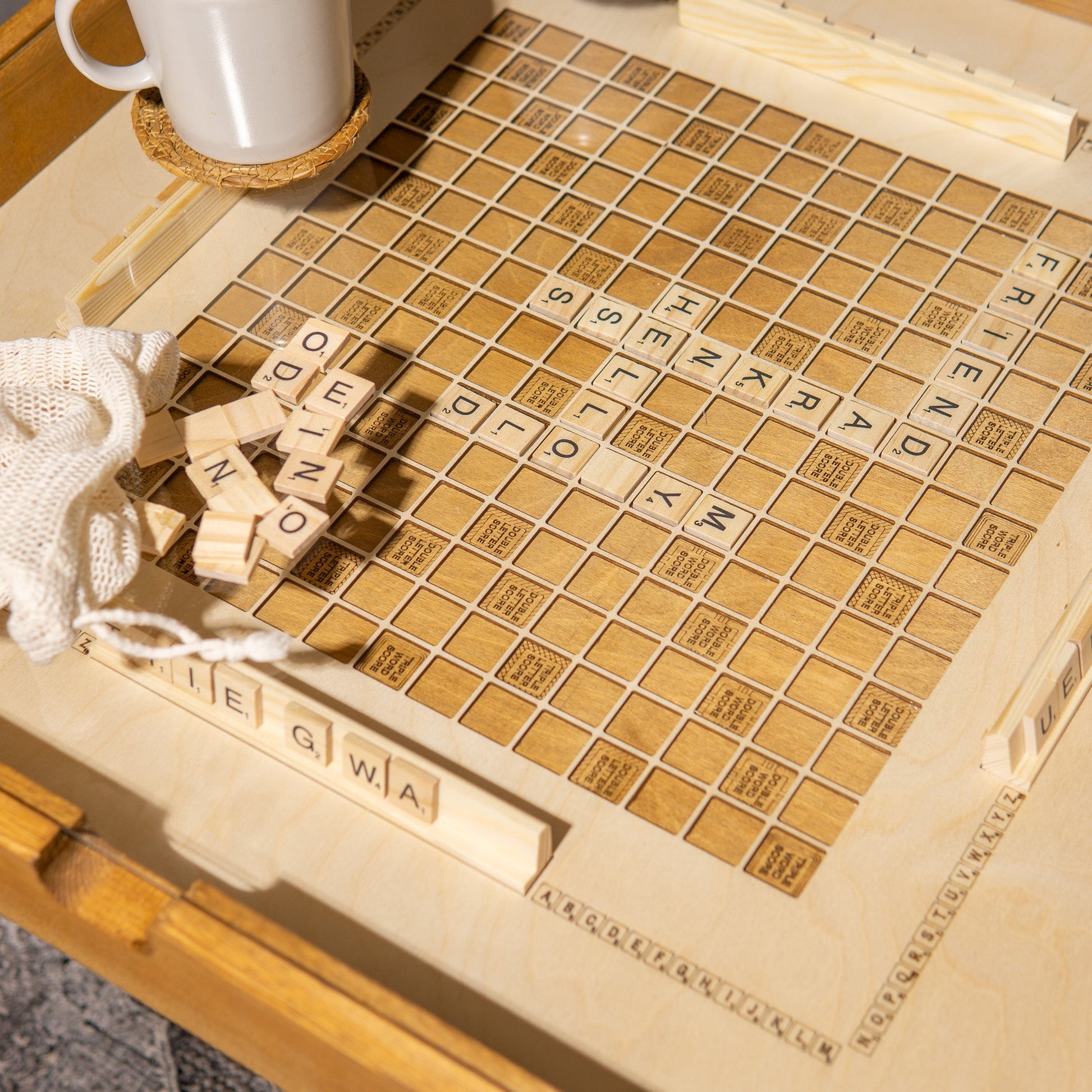 Scrabble Rustic Coffee Table, Glass Top, Game Table - Kutalp