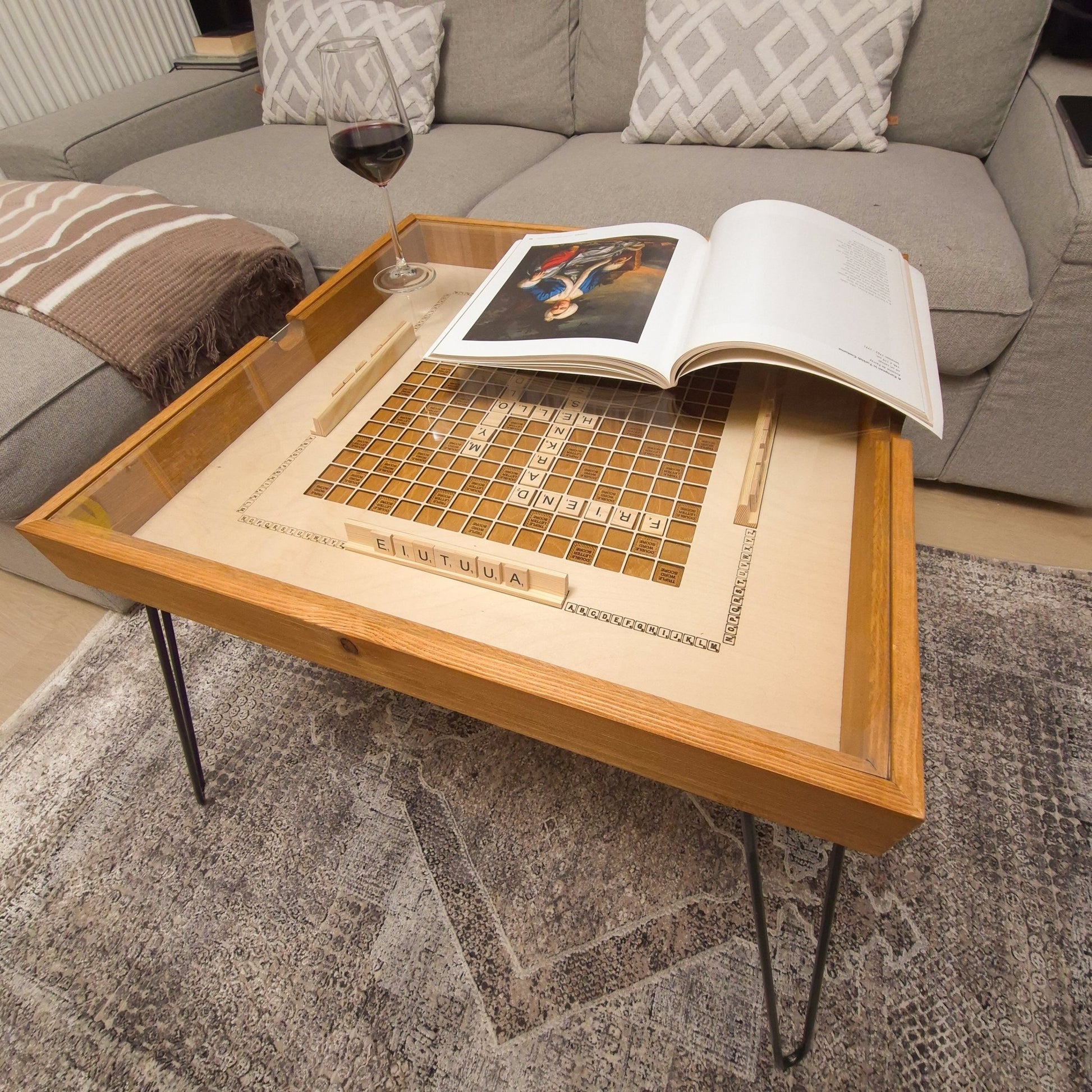 Scrabble Rustic Coffee Table, Glass Top, Game Table - Kutalp