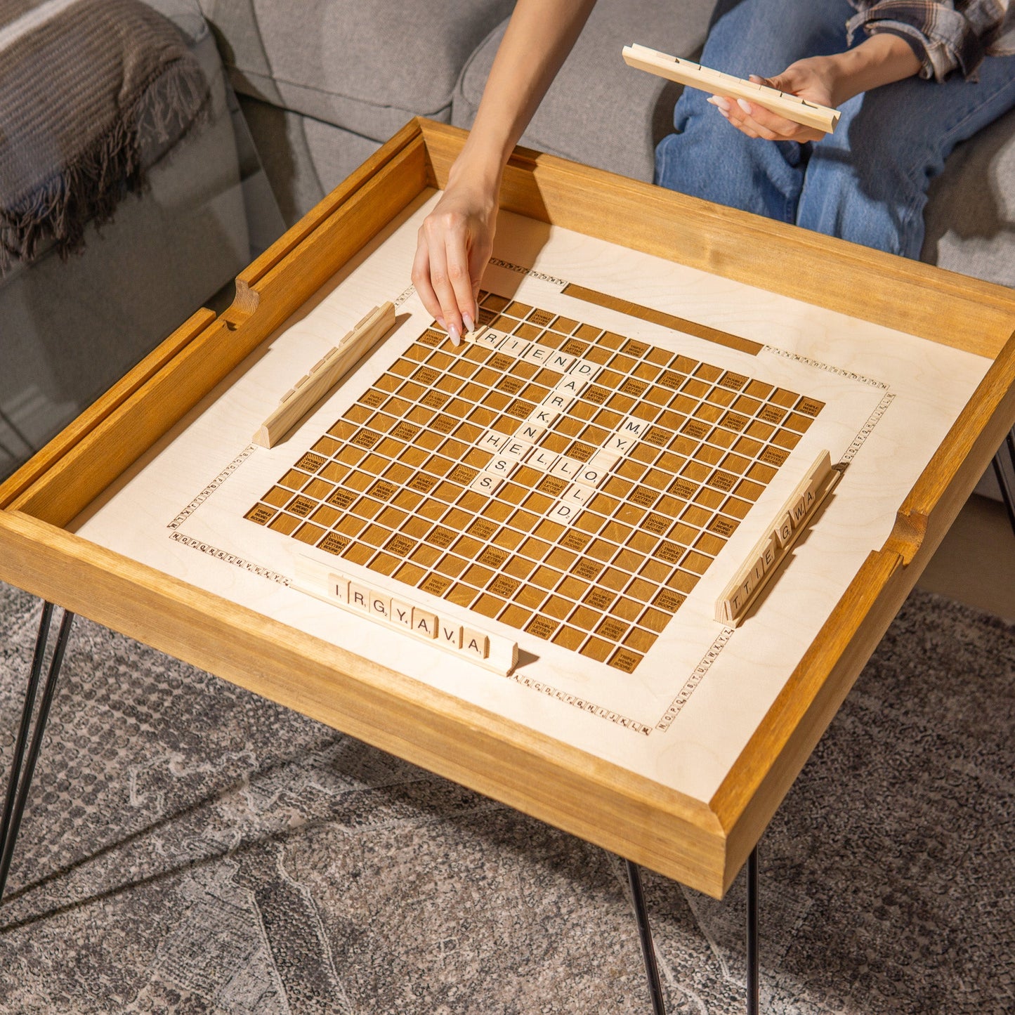 Scrabble Rustic Coffee Table, Glass Top, Game Table - Kutalp